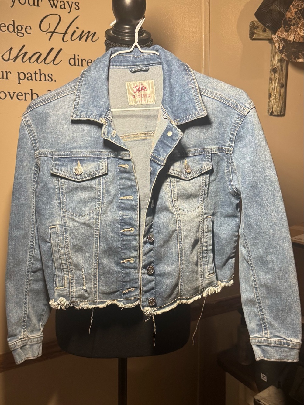 Justice Light Wash Distressed Cropped Denim Jacket